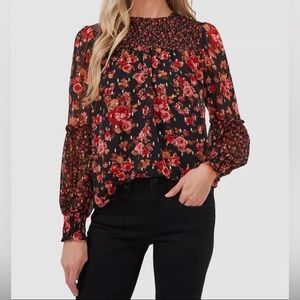 NWOT CeCe Woman’s Red Long Sleeve Floral Print Smocked Blouse